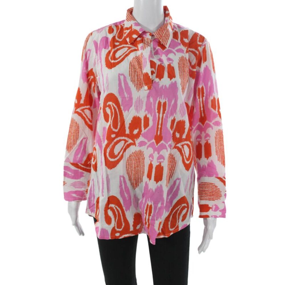 Madison Mathews Womens Paisley Tunic Blouse Cotton Collared Long Sleeve Size S